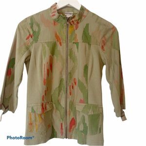 Chico’s Zenergy Zip Up Shirt Jacket 00P XXS 3/4 Sleeve Olive Green Abstract